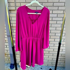 Paris Sunday Lace Up Bell Sleeve Dress - Size L - Magenta